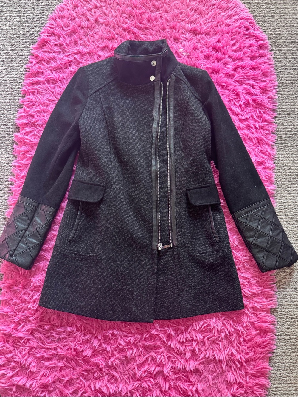 Kensie Black Asymmetrical Zip Wool-Blend Pea Coat